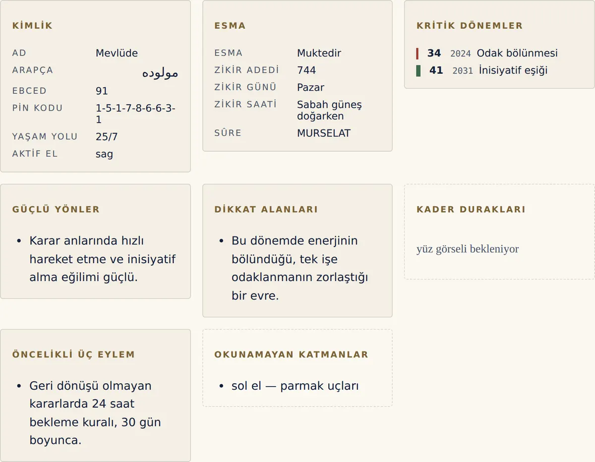 Tek sayfada özet: kimlik, esma, kritik dönemler, güçlü yönler ve öncelikli eylemler.